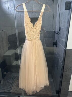 Beaded V-Neck Dress in Blush Tulle